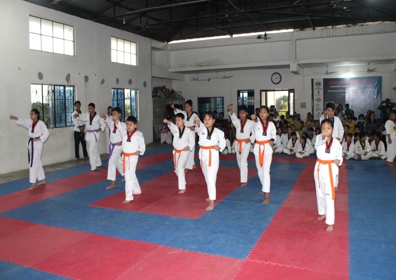 Players perform Taekwondo patterns during the belt grading test conducted by the Faith in Action International Taekwondo Academy at Immanuel Hall, Y Zhimo Colony, Dimapur on April 9. (Photo: Faith in Action)